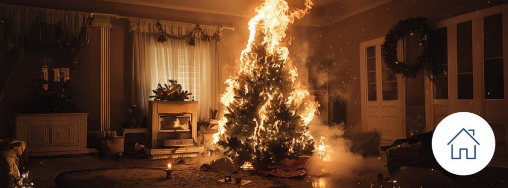 Christmas-decorated home with safe lights and tree to prevent fires.