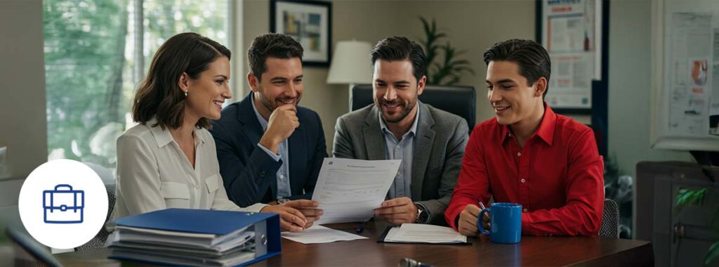 Business owner reviewing documents confidently in his Florida office, representing security and commitment to his Florida commercial insurance.