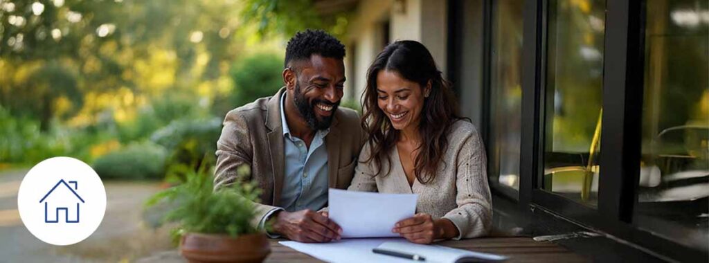 Photograph of Florida homeowners reviewing home insurance coverage with Univista Insurance, natural lighting and royal blue accents.