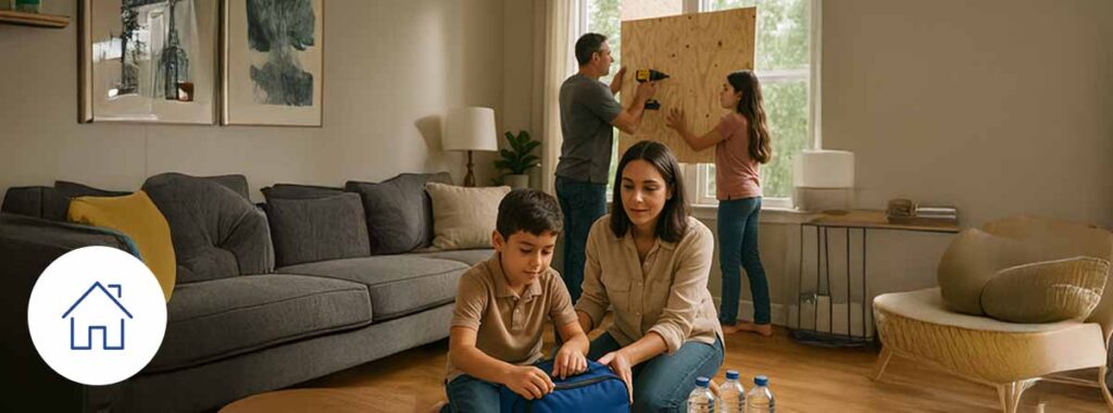 Realistic photograph depicting home protection with hurricane insurance in a residential area, highlighting family safety and storm preparedness.