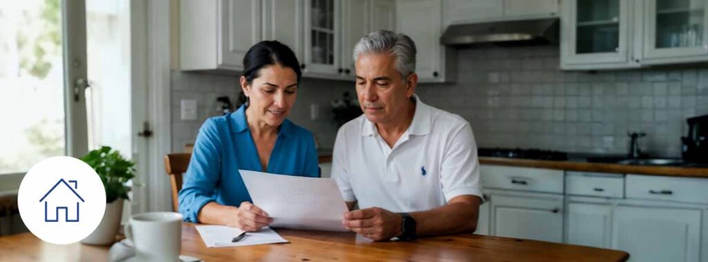 Compare home insurance coverages online as a couple reviewing documents with a laptop in the kitchen, Univista Insurance.