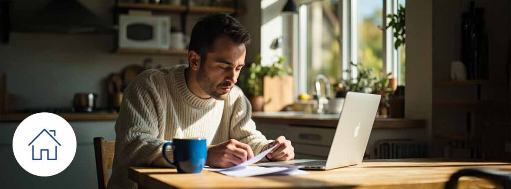 Man reviewing documents to compare homeowners insurance policies with a laptop in a bright kitchen.