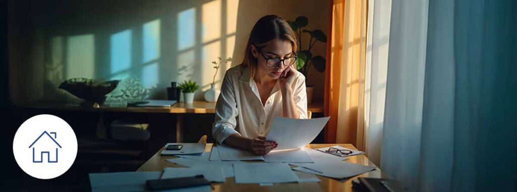 Calm Homeowner Reviews Documents To Change Home Insurance Before Renewal In A Modern House.
