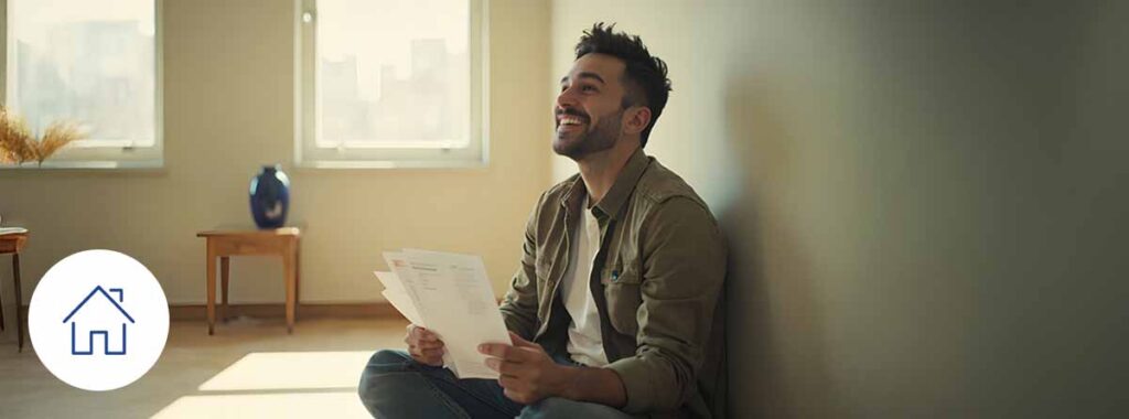 Smiling First-Time Homeowner Holding Insurance Papers in Modern Apartment – Property Insurance for First-Time Buyers, Natural Light, Minimal Design.