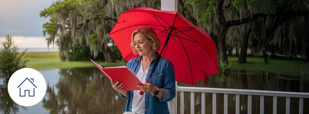 Flood Insurance Florida Coverage – Middle-Aged Woman Reviewing Documents After Coastal Flood Near Florida Home.