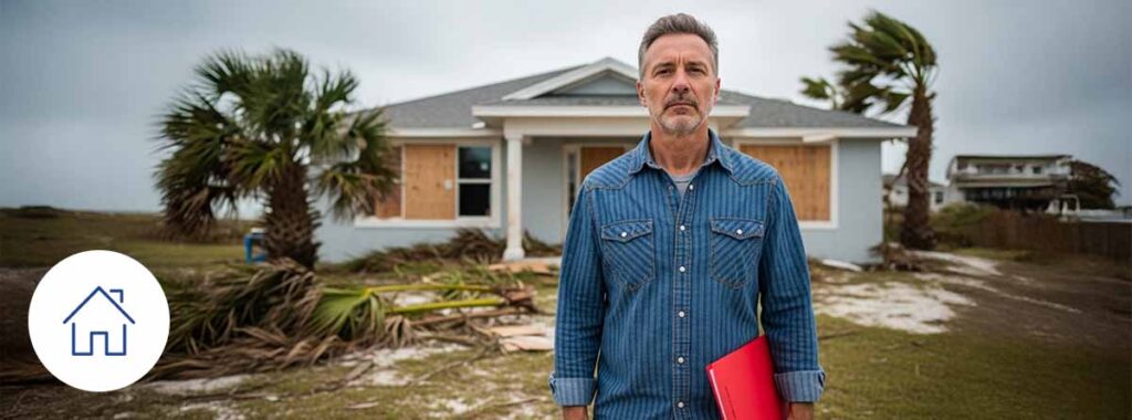 Concerned Homeowner Holding Insurance Folder After Storm in Coastal Florida – Hurricane Deductible Florida Explained.