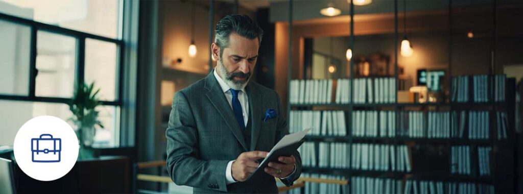 Owner of small business reviews coverages with commercial insurance advisor in modern boutique.