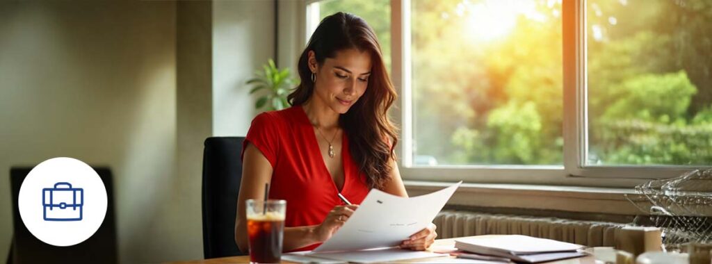 Business owner reviewing commercial insurance policy for businesses in a modern, professional office.