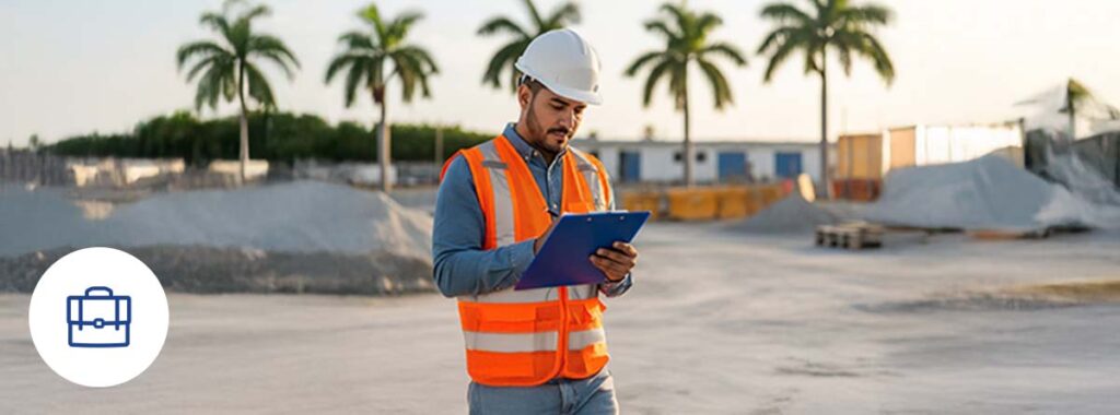 High-Resolution Image of Hispanic Construction Supervisor in Miami Reviewing Documents Related to Workers Compensation Insurance Florida at Renovation Site.