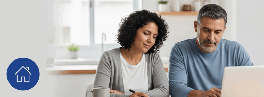 Latino couple reviewing options on how much home insurance costs in the United States.