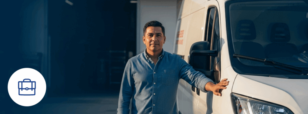 Latino entrepreneur with commercial auto insurance next to his white van.