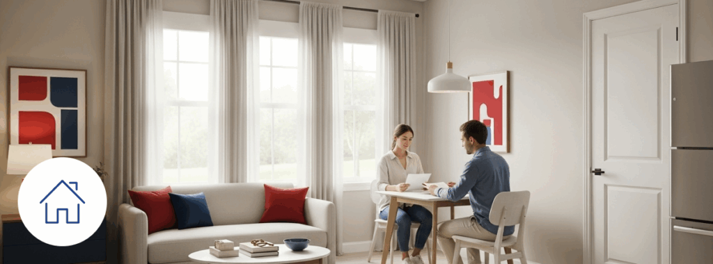 Couple reviewing renters home insurance in modern apartment in Florida.