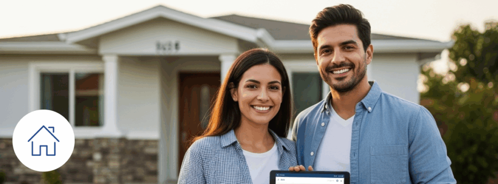 Happy Hispanic couple shows hassle-free home insurance on tablet.