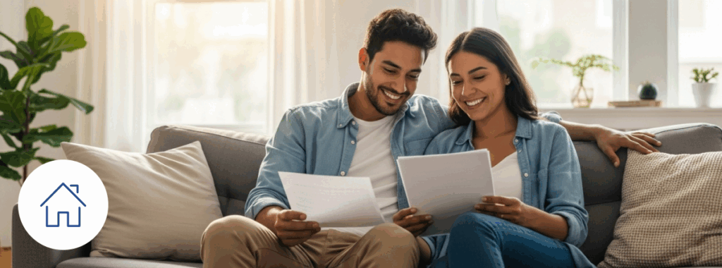 Home insurance quotes review by Latino couple in modern, peaceful living room.