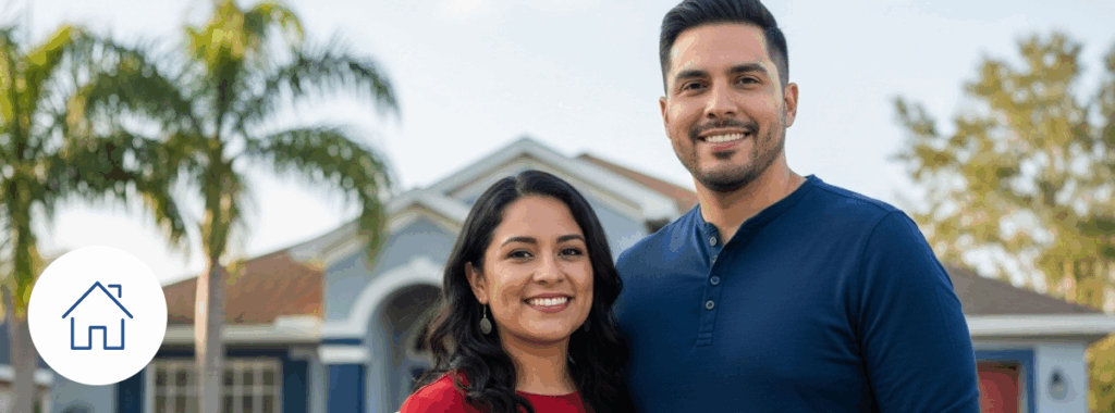 Homeowners insurance Orlando couple smiling outside Florida home in quiet suburb.