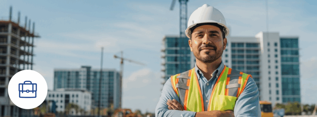 Surety bond Florida contratistas at active construction site with Latino contractor
