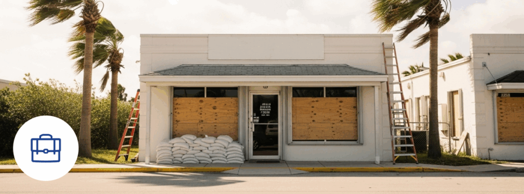 Flood vs windstorm insurance for business in Florida storefront recovering after recent storm damage