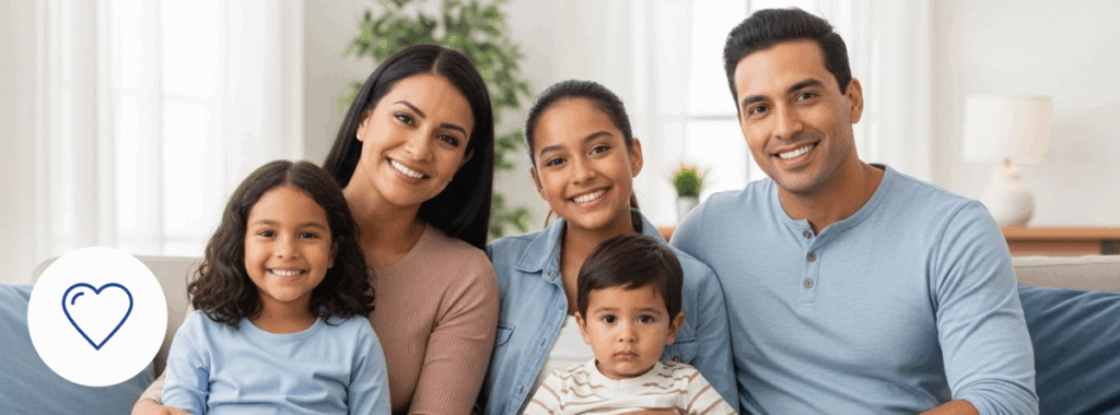Affordable life insurance for Latino families shown in secure home setting.