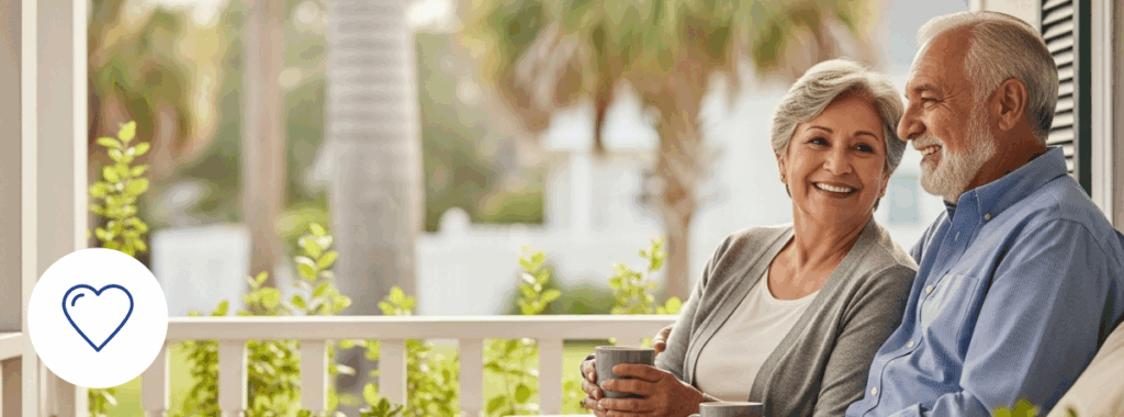 Life insurance quotes for seniors Florida with relaxed Hispanic couple on porch.