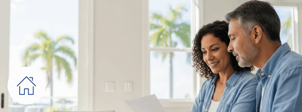 Florida homeowners insurance 2025 couple reviewing coverage in bright Florida home.