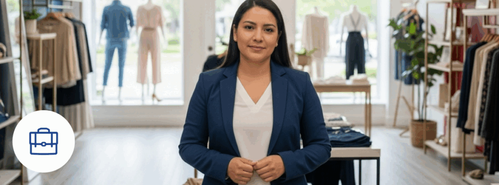 Retail business insurance Florida for Latino boutique owner in modern storefront.