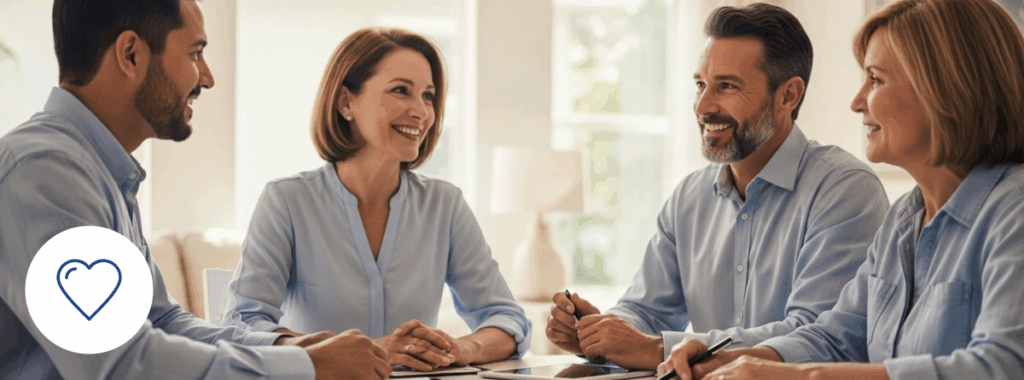 Life insurance agent in Florida advising couple in modern home.