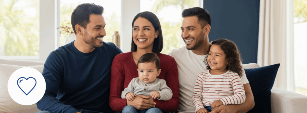 Affordable life insurance Miami with happy Latino family in realistic modern home.