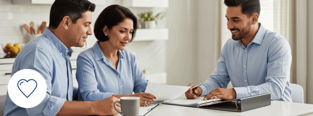 Couple using life insurance calculator on laptop in modern kitchen.