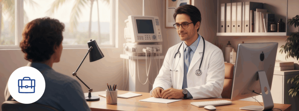 Medical office insurance Miami with trusted doctor in modern clinic.