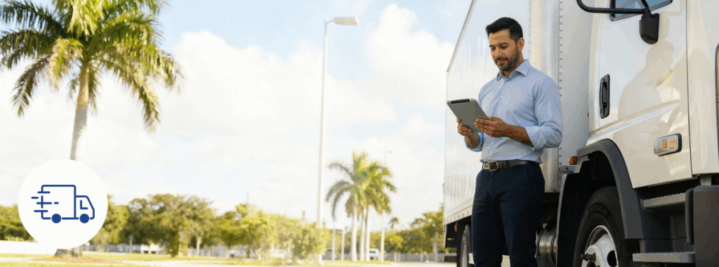 Professional man reviews tablet near truck for commercial auto insurance Miami.