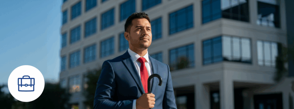 Confident Latin entrepreneur symbolizes commercial umbrella insurance Florida outdoors in sunlight.