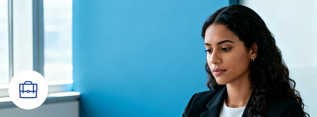 Latin professional conveys trust with professional liability insurance in a modern office.