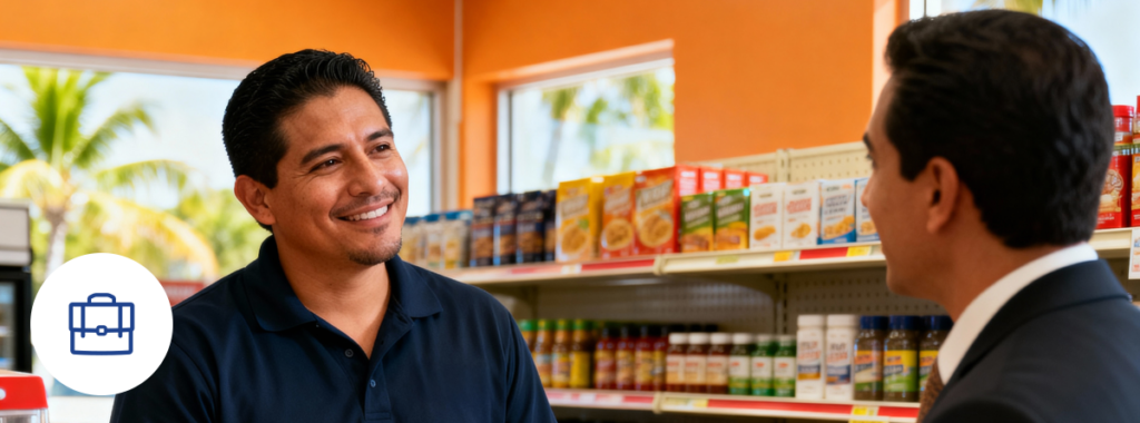 Latino owner with commercial insurance for Latino entrepreneurs in front of his store