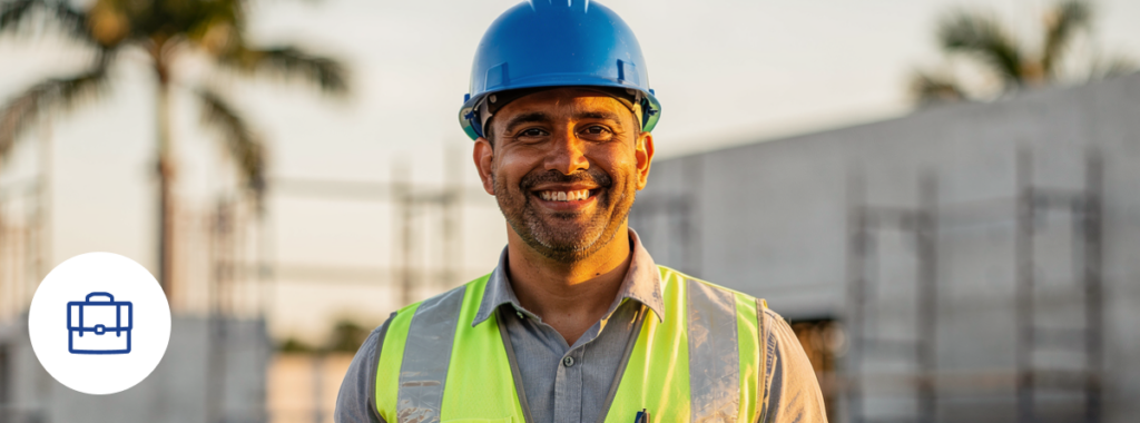 General liability insurance contractors Florida at modern construction site with confident Latino contractor