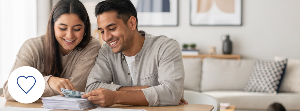 Young couple reviews documents with mortgage protection life insurance in a secure home