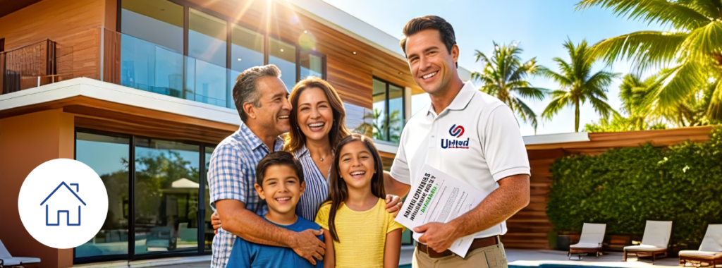 Happy family standing in front of their Florida home with an insurance agent reviewing policy documents