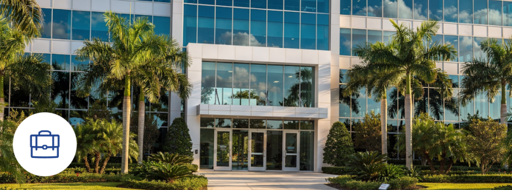 Modern Florida office, glass facade; commercial property insurance showcases security