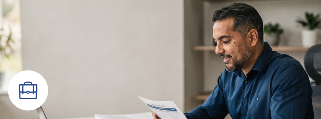 Latino owner reviews commercial insurance quote in Florida with an advisor