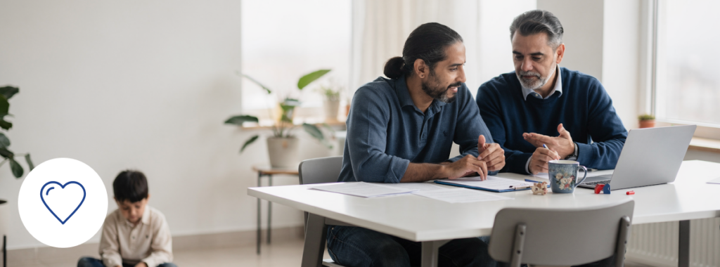 Latin couple reviewing finances at dining table while child plays nearby