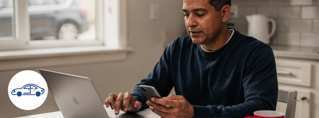 Latin adult comparing car insurance on laptop at kitchen table, relieved expression