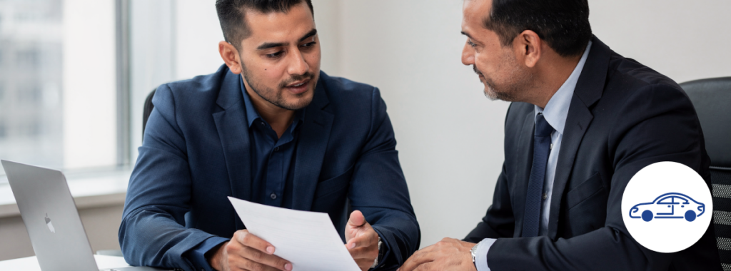 Latino driver compares the difference between liability and full coverage in Texas with an advisor