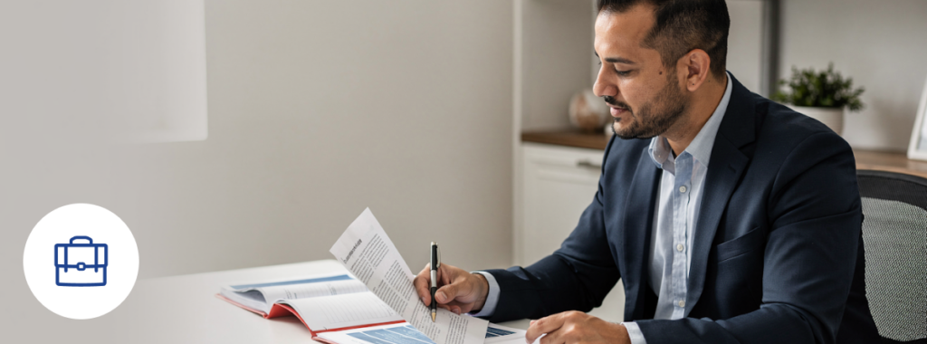 Latino business owner in Florida reviews documents with an advisor to compare commercial insurance Florida
