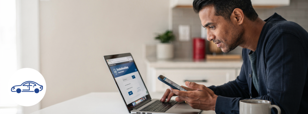 Latin adult comparing car insurance online quotes texas on laptop at home