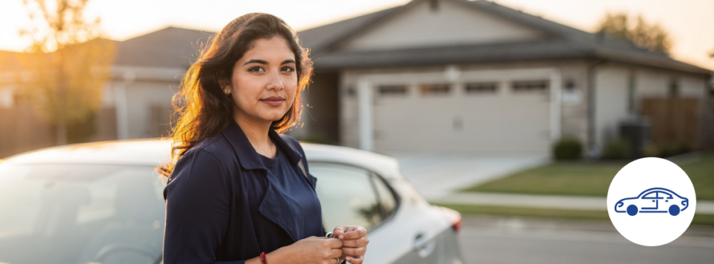 young Texas driver checking keys beside compact car in suburban driveway