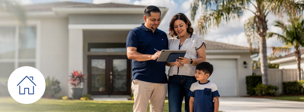 Florida family reviewing tablet papers outside suburban home, calm and confident