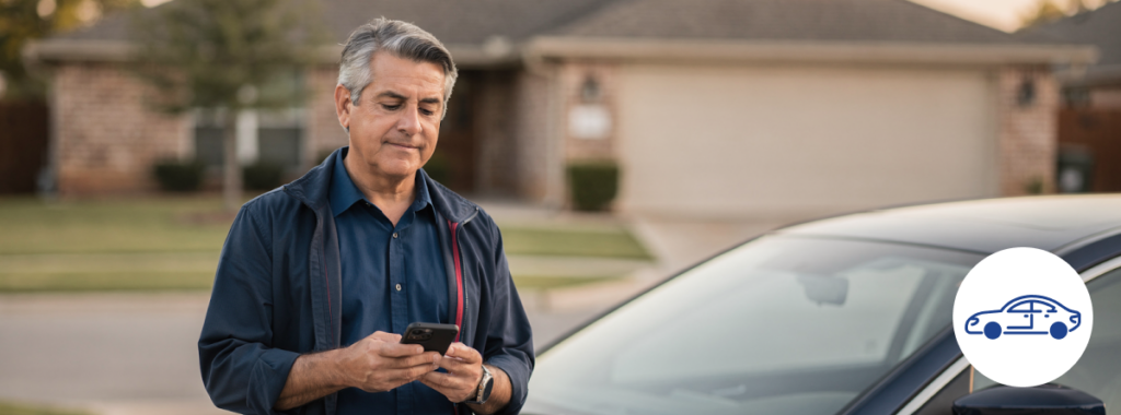 Driver reviewing car insurance McAllen documents beside car in suburban Texas driveway