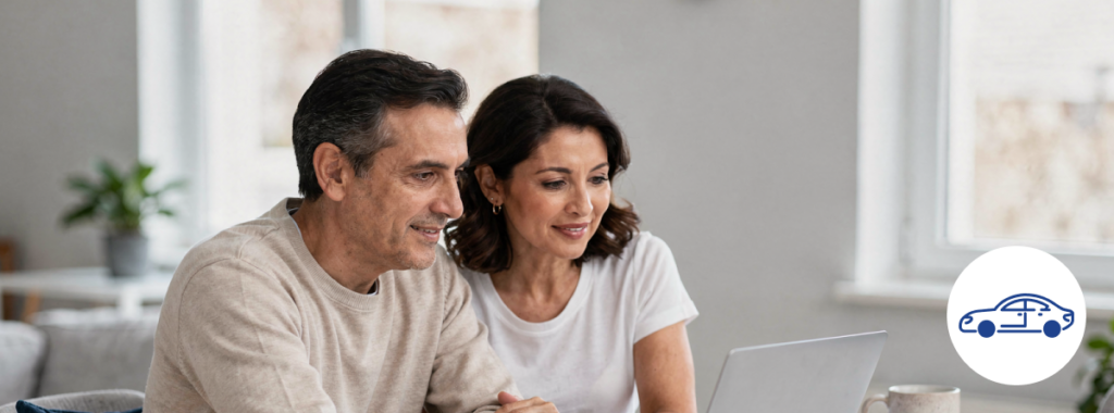 Latin couple reviewing paperwork and laptop comparing best home and auto insurance companies