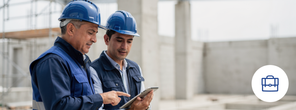 Construction supervisor and client reviewing plans on tablet at modern site